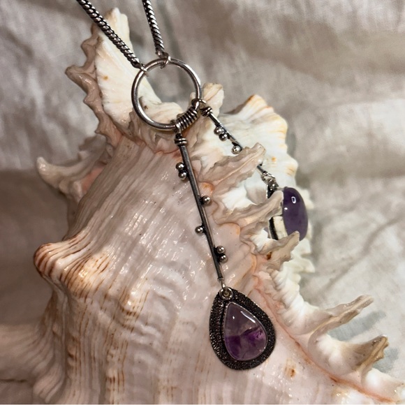 Modern Amethyst Solar dangle multi-gem handmade statement Necklace - Picture 3 of 13